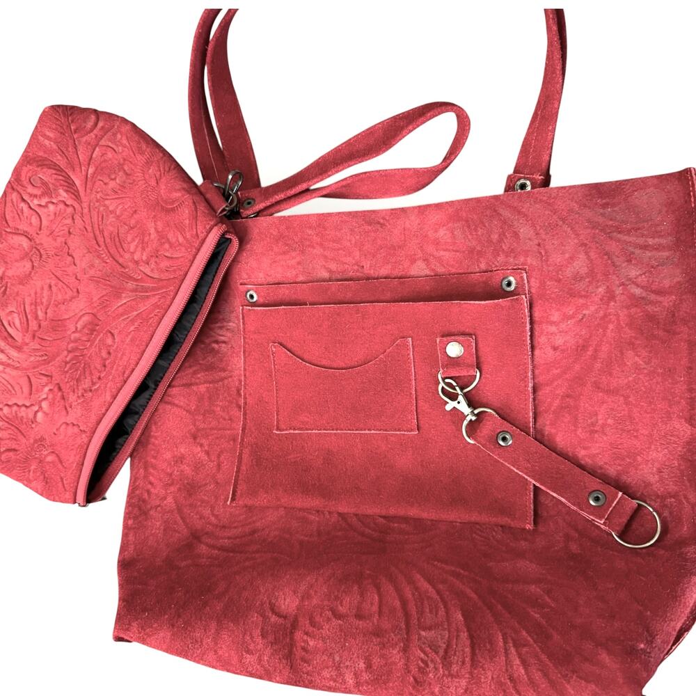 Handmade Womens Genuine Suede Leather Shoulder Tote Bag with Cosmetic Purse Red - Picture 8 of 9